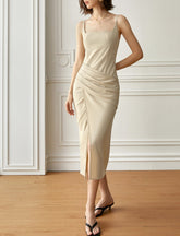 Sleeveless Draped Midi Dress with Asymmetrical Detail - Sutru